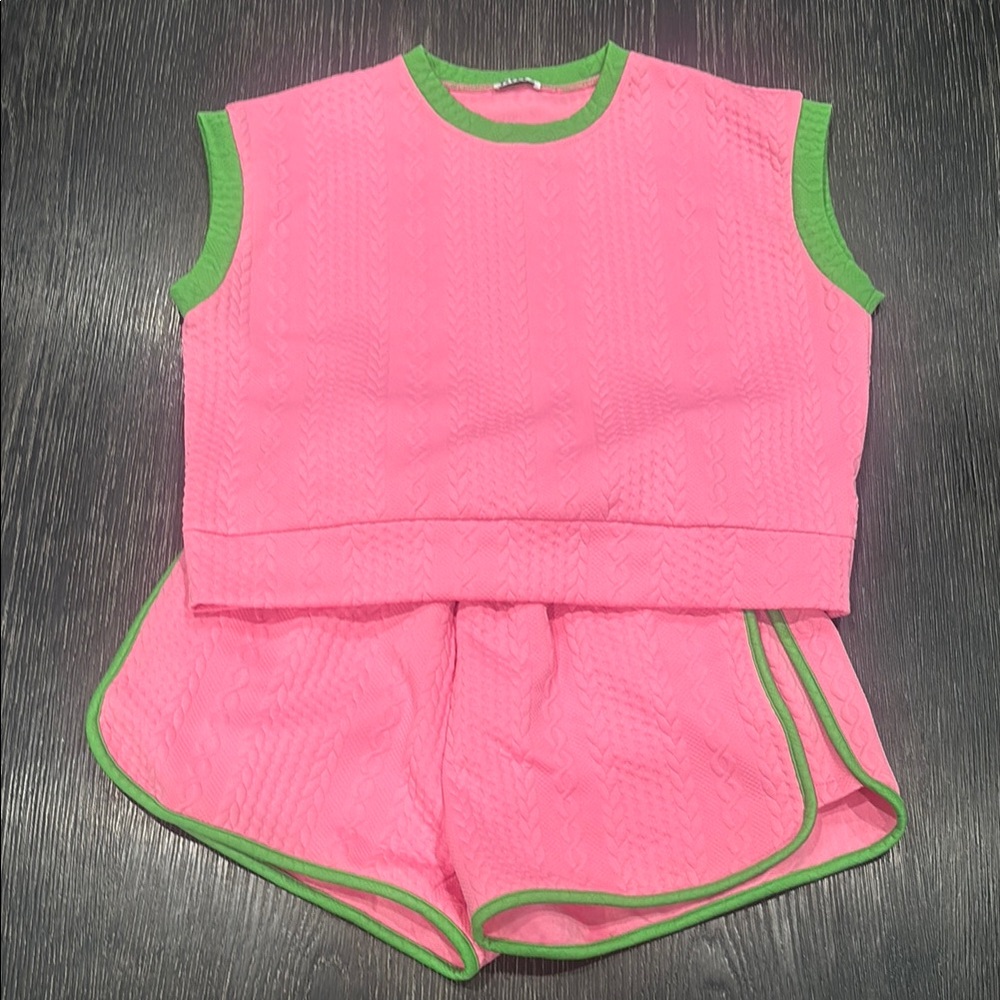 Pink and Green Sleeveless Top and Shorts Set